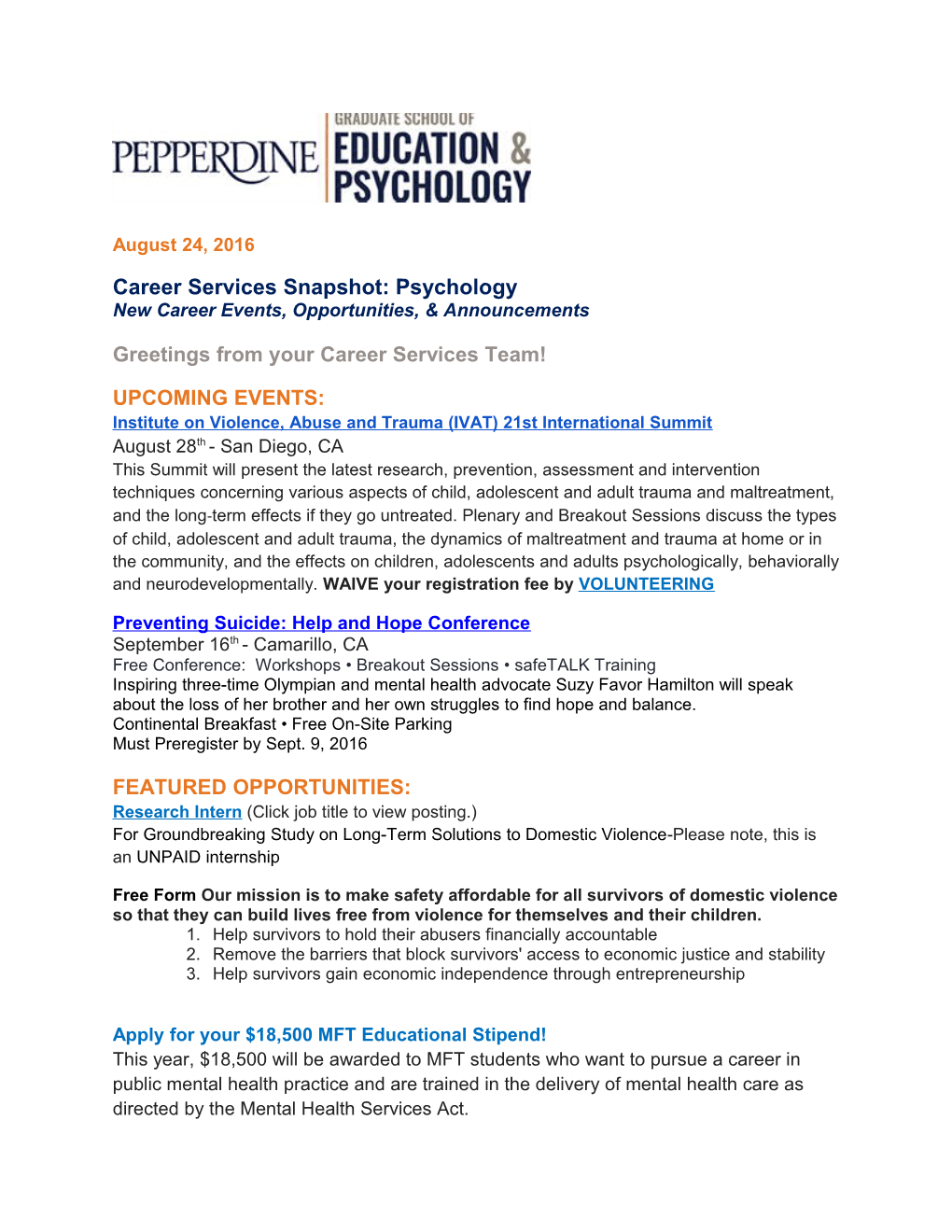 Career Services Snapshot: Psychology