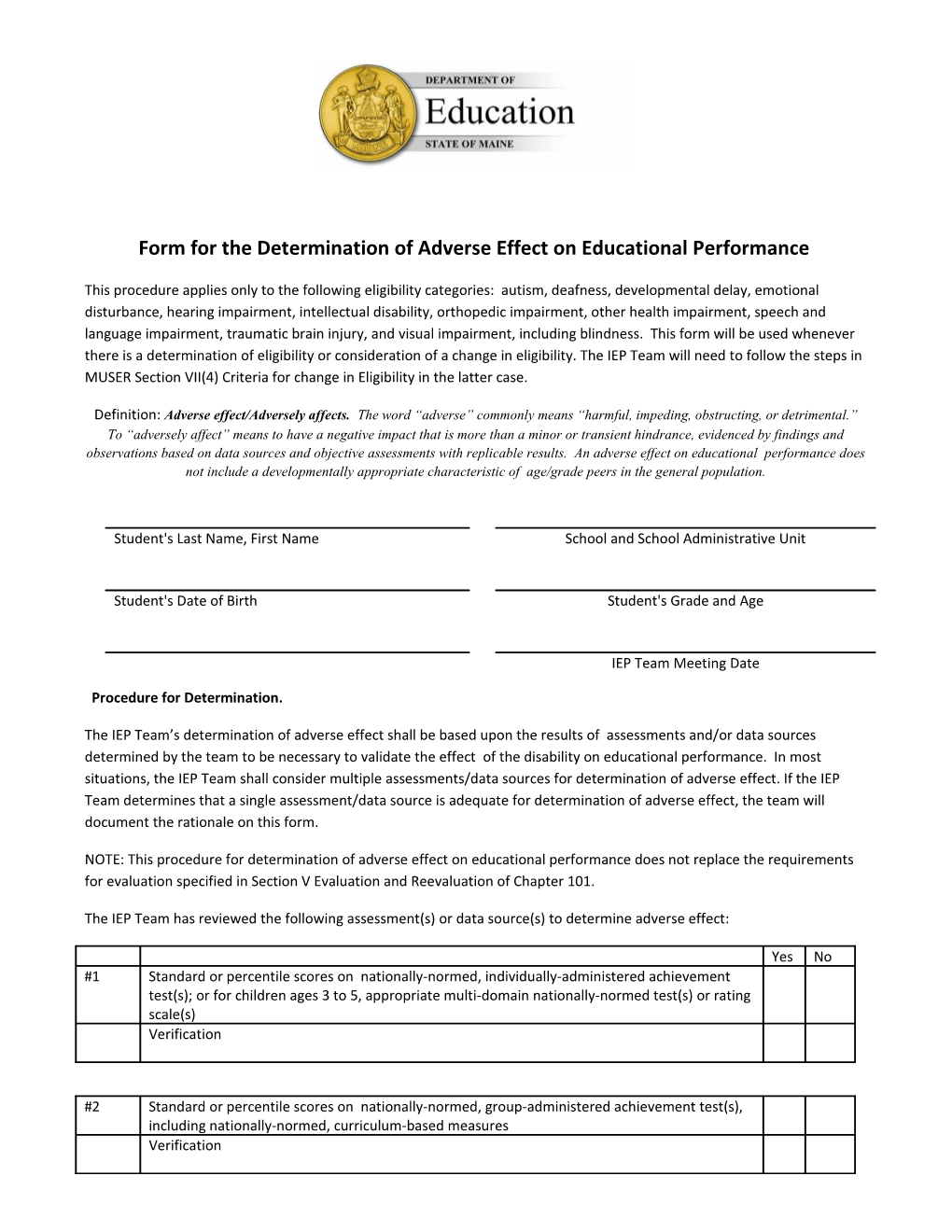 Form for the Determination of Adverse Effect on Educational Performance