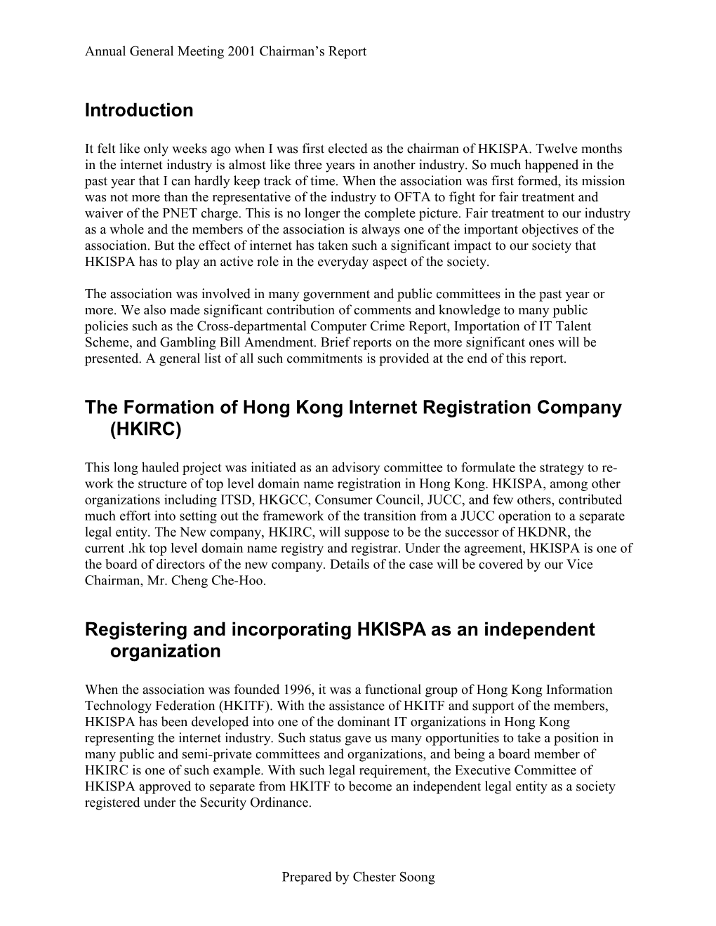 Annual General Meeting 2001 Chairman S Report