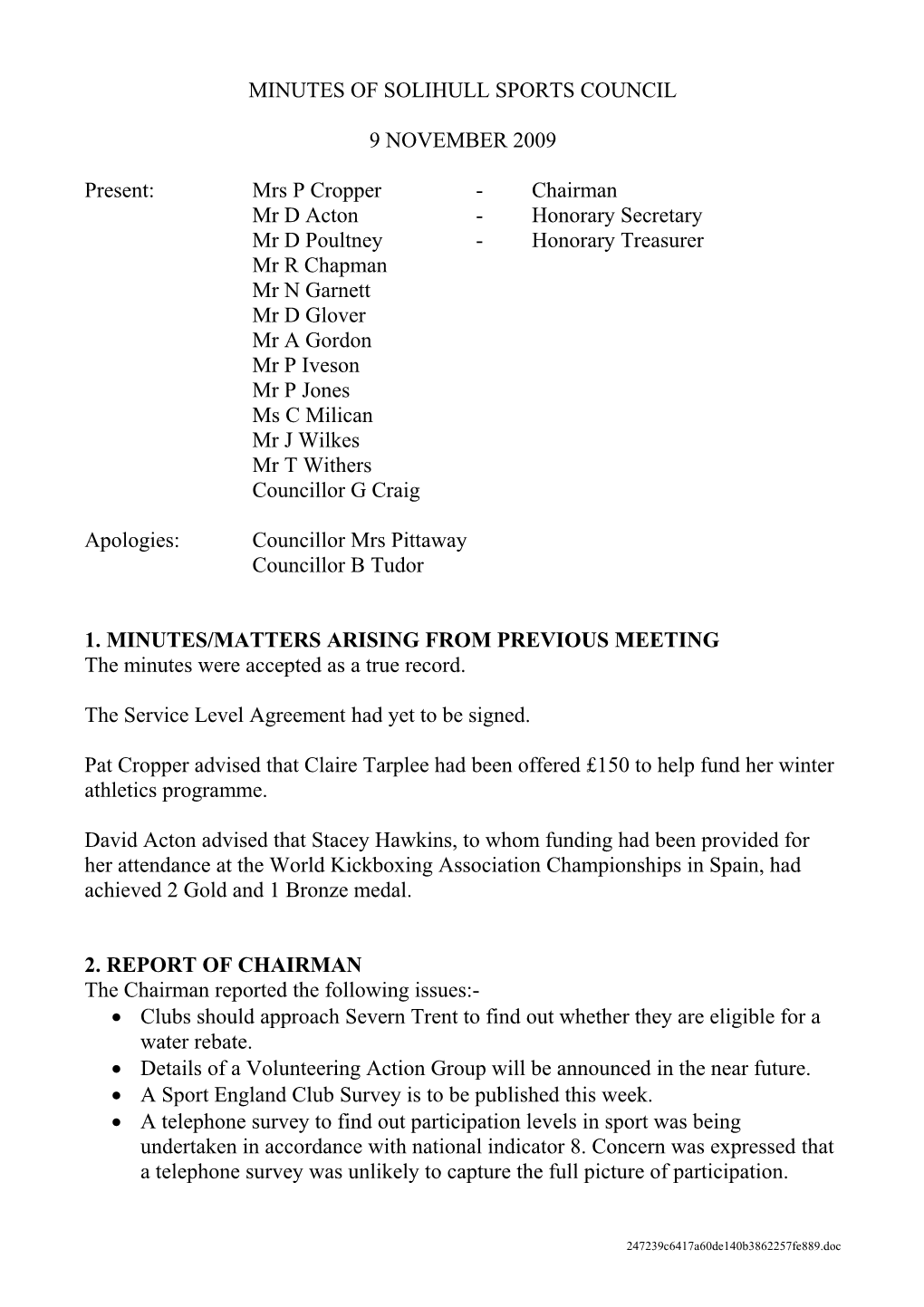 Minutes of Solihull Sports Council