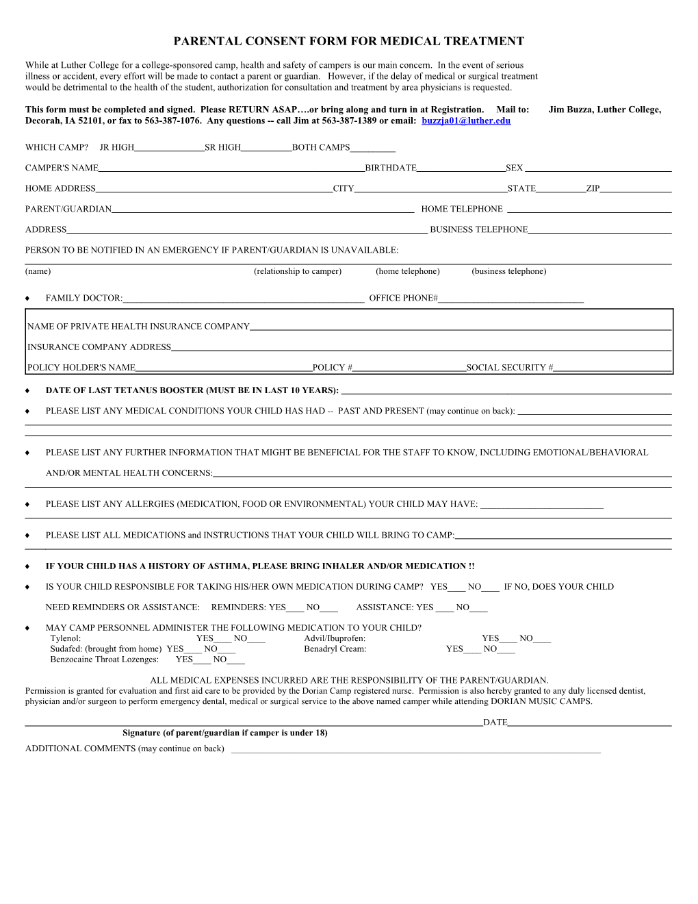 Parental Consent Form for Medical Treatment