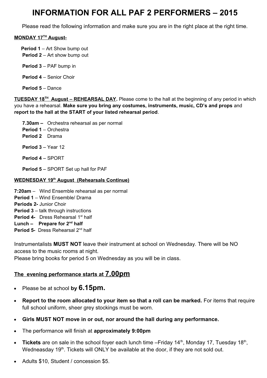 Information for All Paf 2 Performers 2015