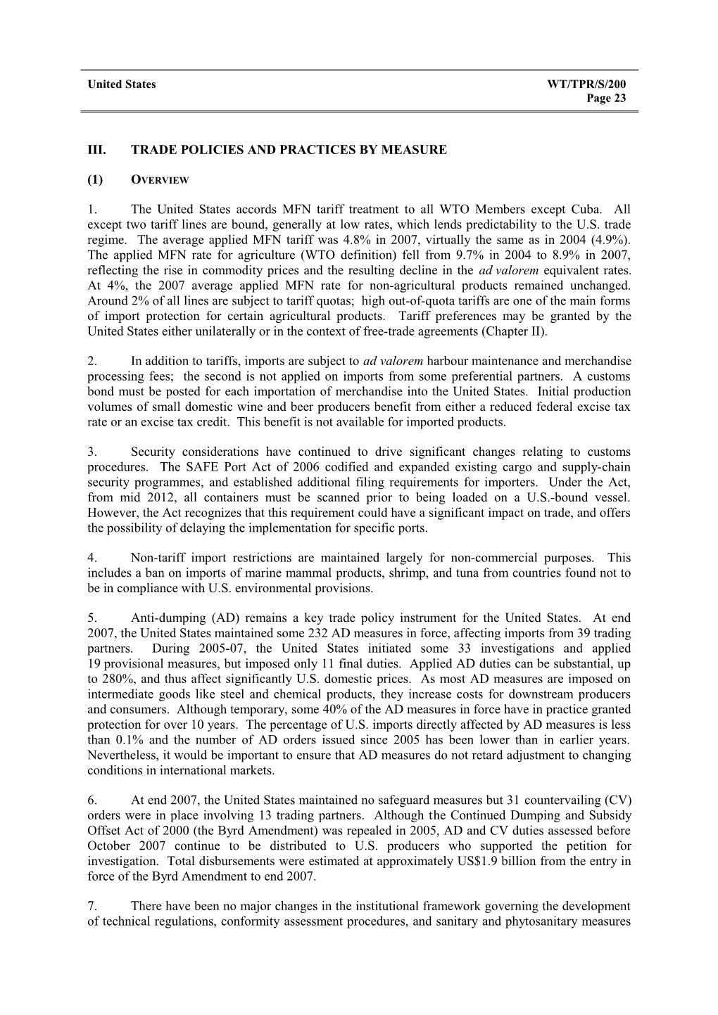 III. Trade Policies and Practices by Measure s1