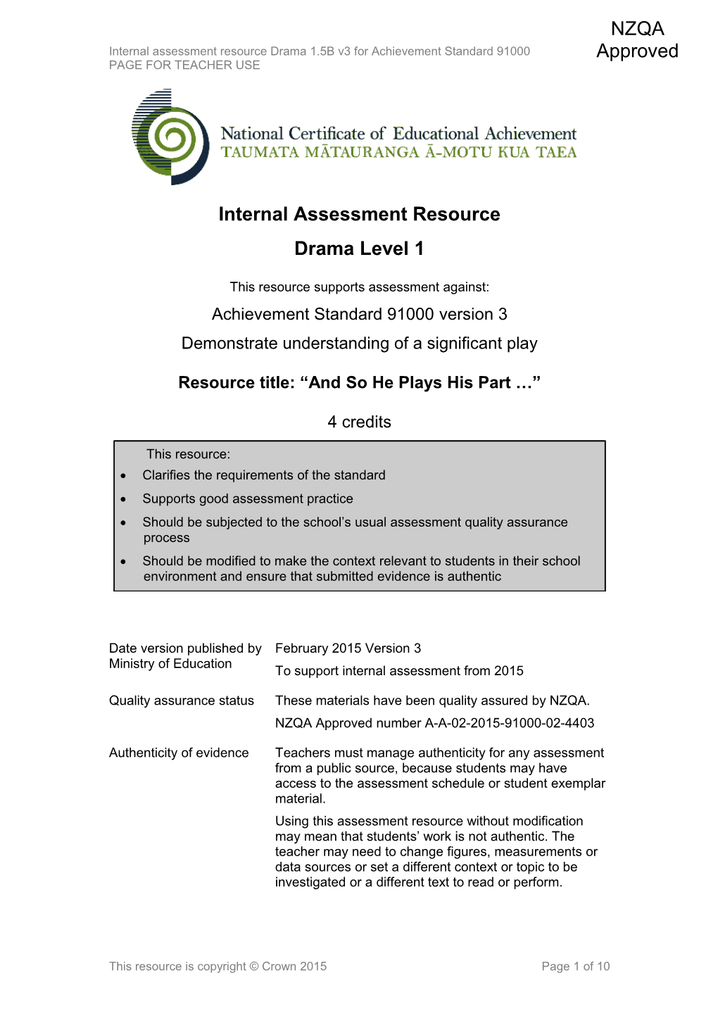 Level 1 Drama Internal Assessment Resource
