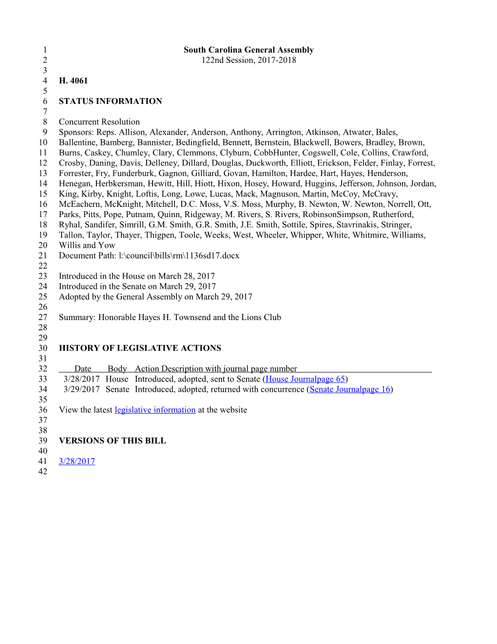 2017-2018 Bill 4061: Honorable Hayes H. Townsend and the Lions Club - South Carolina Legislature