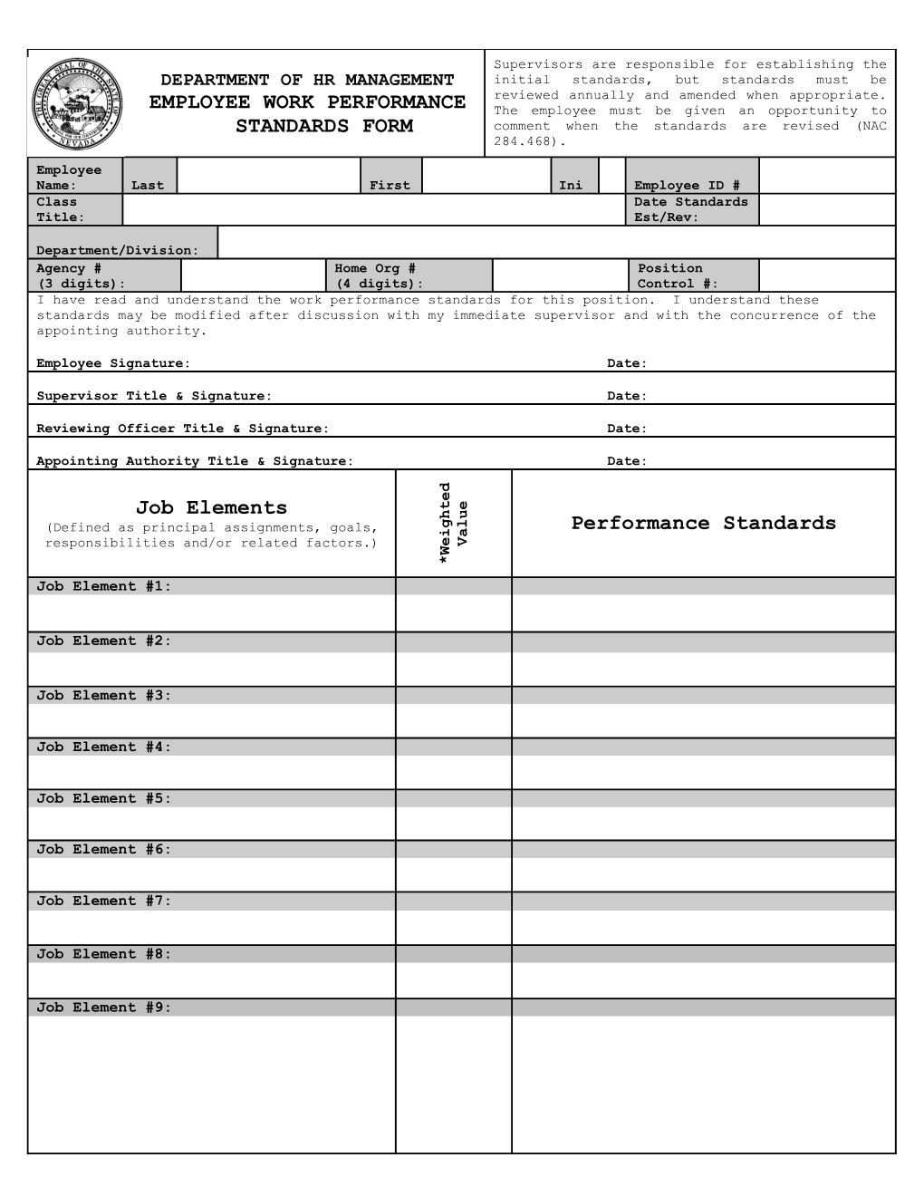 Employee Work Performance Standards Form