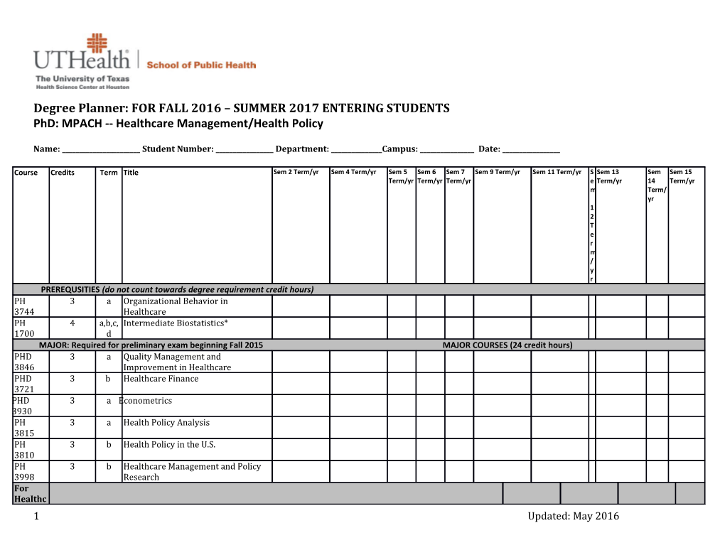 Degree Planner: for FALL 2016 SUMMER 2017 ENTERING STUDENTS Phd: MPACH Healthcare