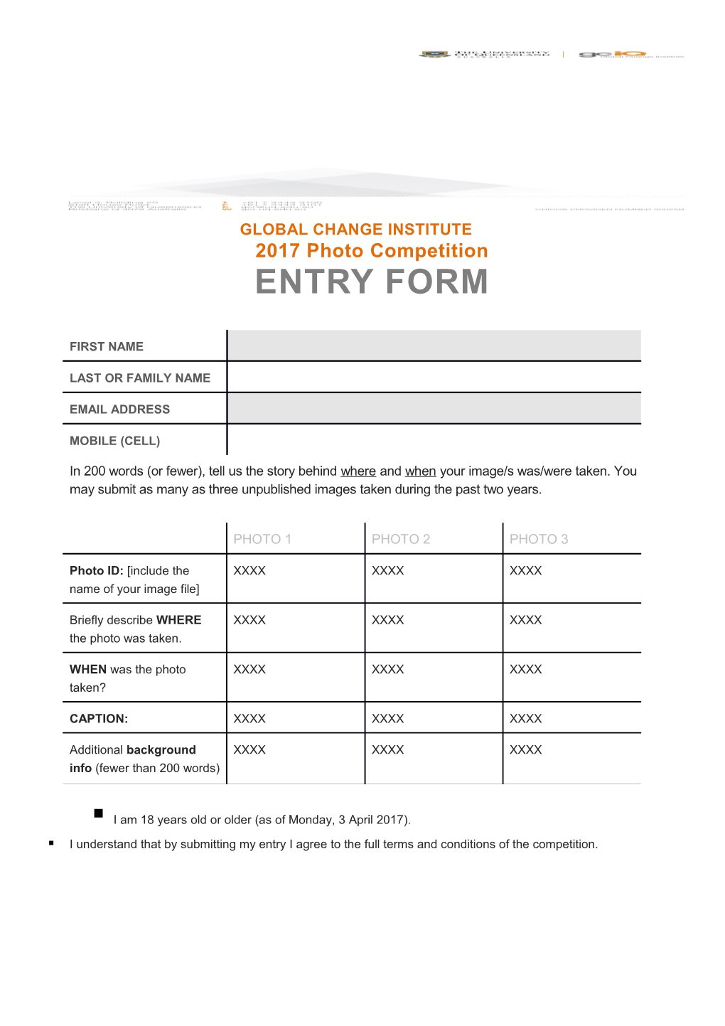 GLOBAL CHANGE INSTITUTE 2017 Photo Competitionentry FORM