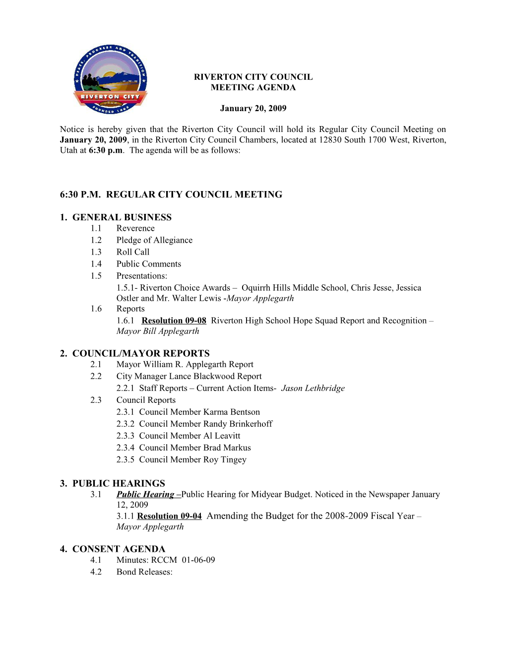 6:30 P.M. Regular City Council Meeting