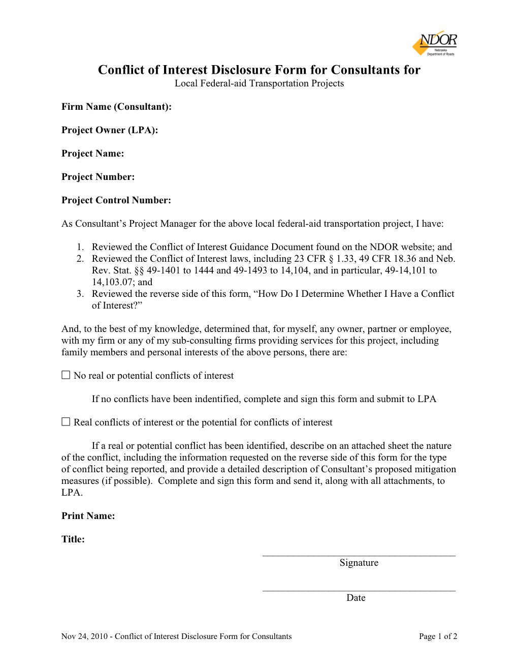 Conflict of Interest Disclosure Form for Consultants For