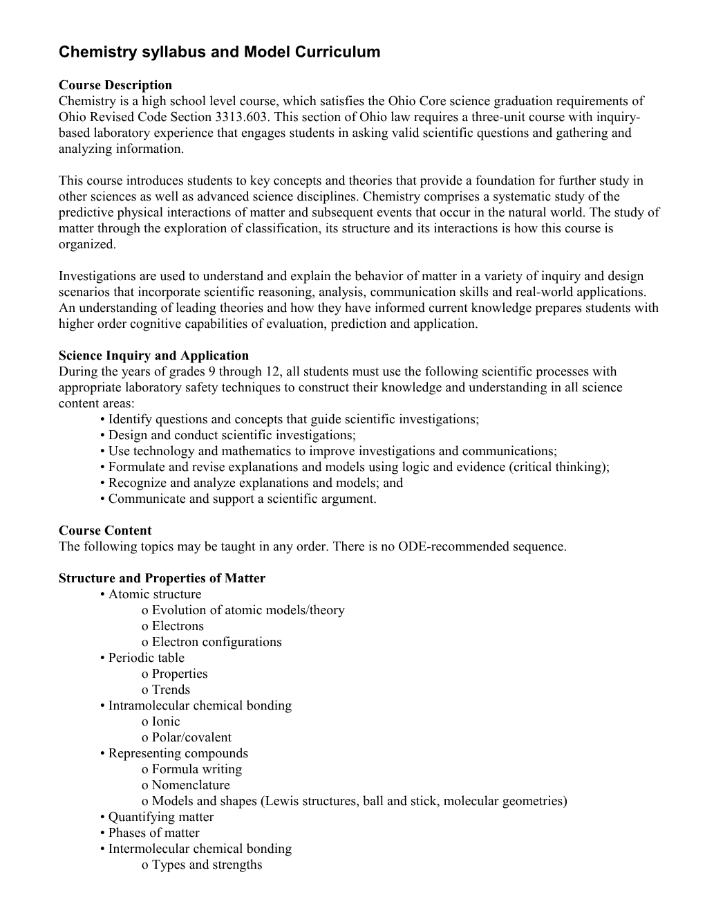 Chemistry Syllabus and Model Curriculum