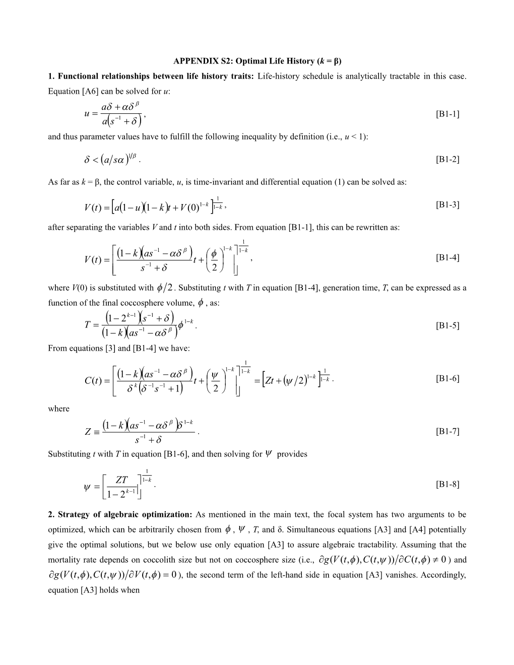 APPENDIX C: Optimal Life History in Analytical Example