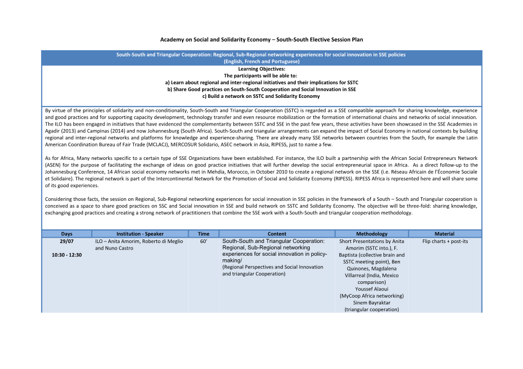 Academy on Social and Solidarity Economy South-South Elective Session Plan