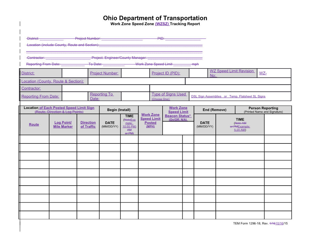 Work Zone Speed Zone (WZSZ) Tracking Report (10/16/15)