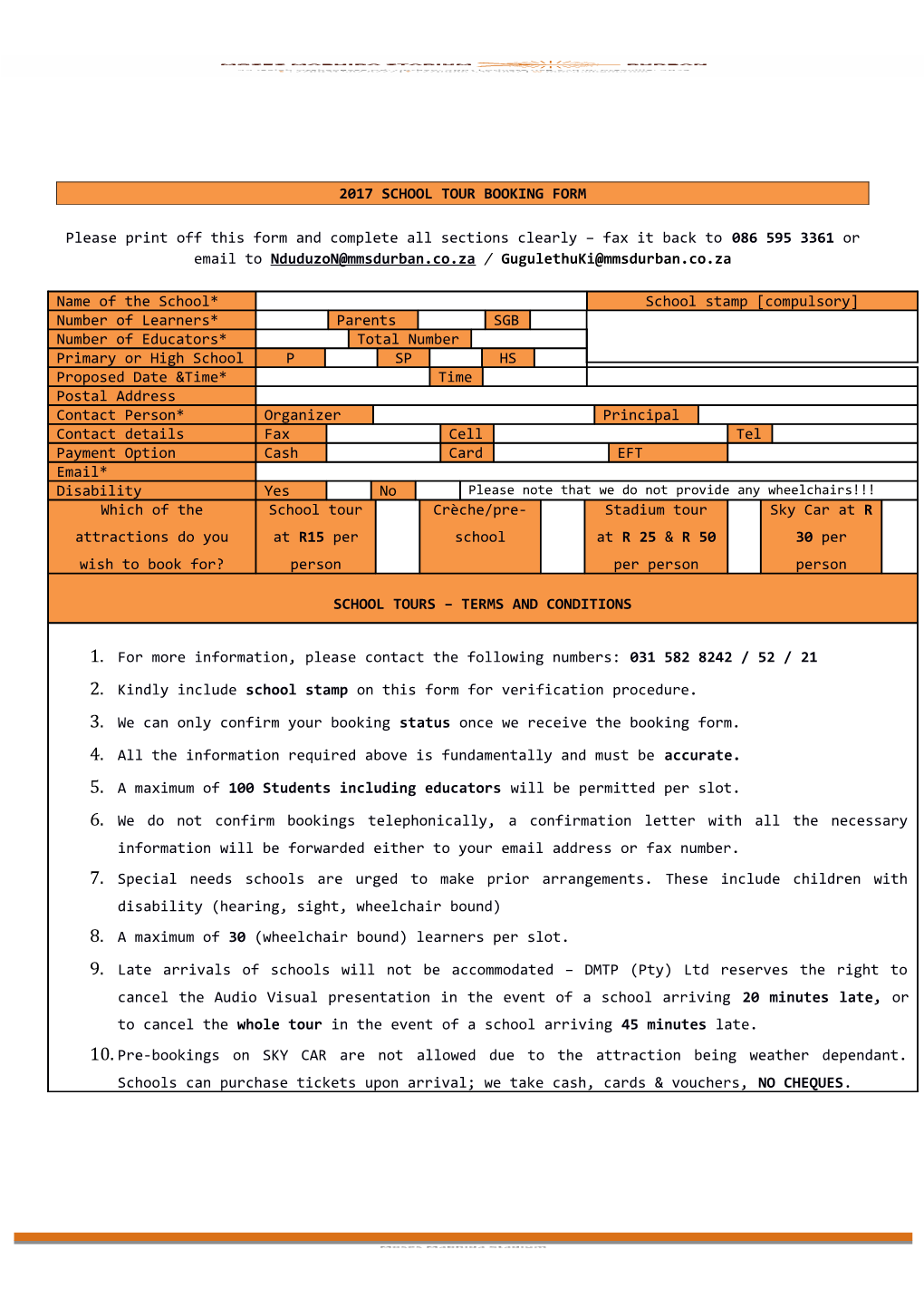 2017 School Tour Booking Form