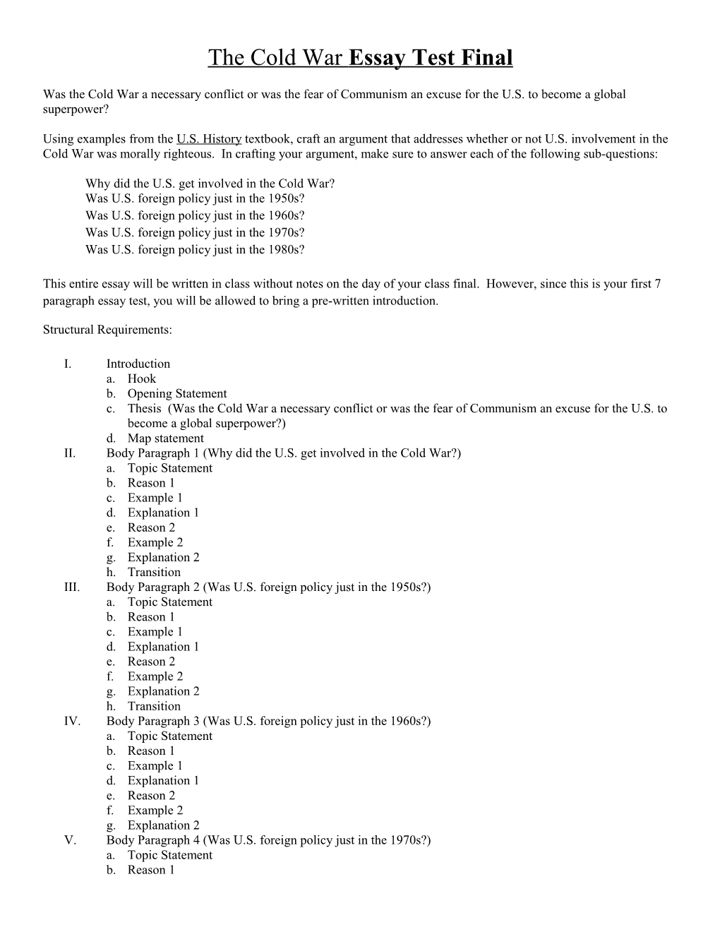 The Cold War Essay Test Final