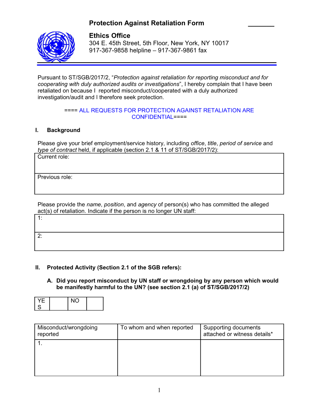 Ethics Office Form for ST/SGB/2005/21 Complaints