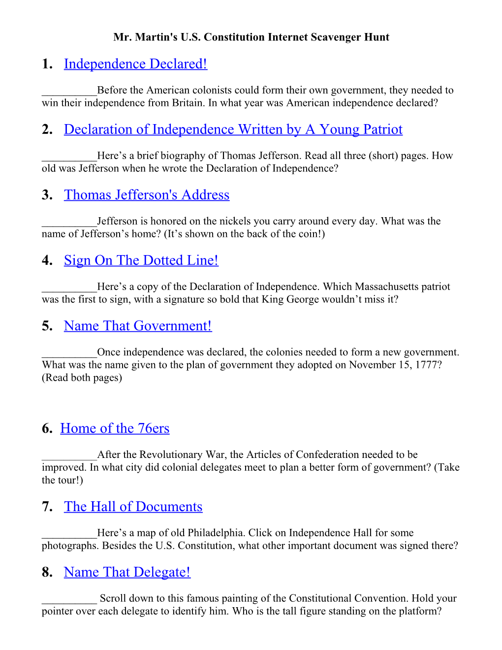 Mr. Martin's U.S. Constitution Internet Scavenger Hunt