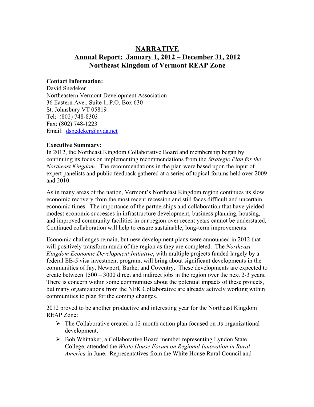 Annual Report: January 1, 2012 December 31, 2012