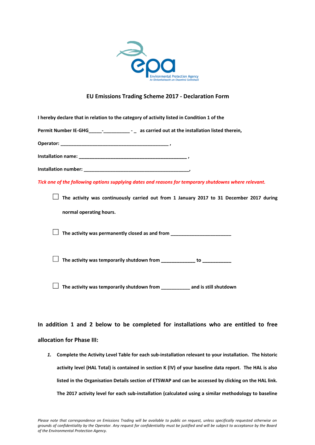 EU Emissions Trading Scheme 2017 - Declaration Form