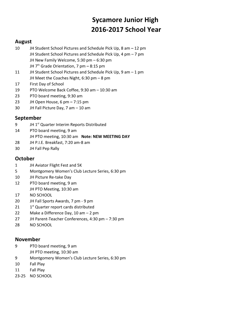 Sycamore Junior High 2016-2017 School Year