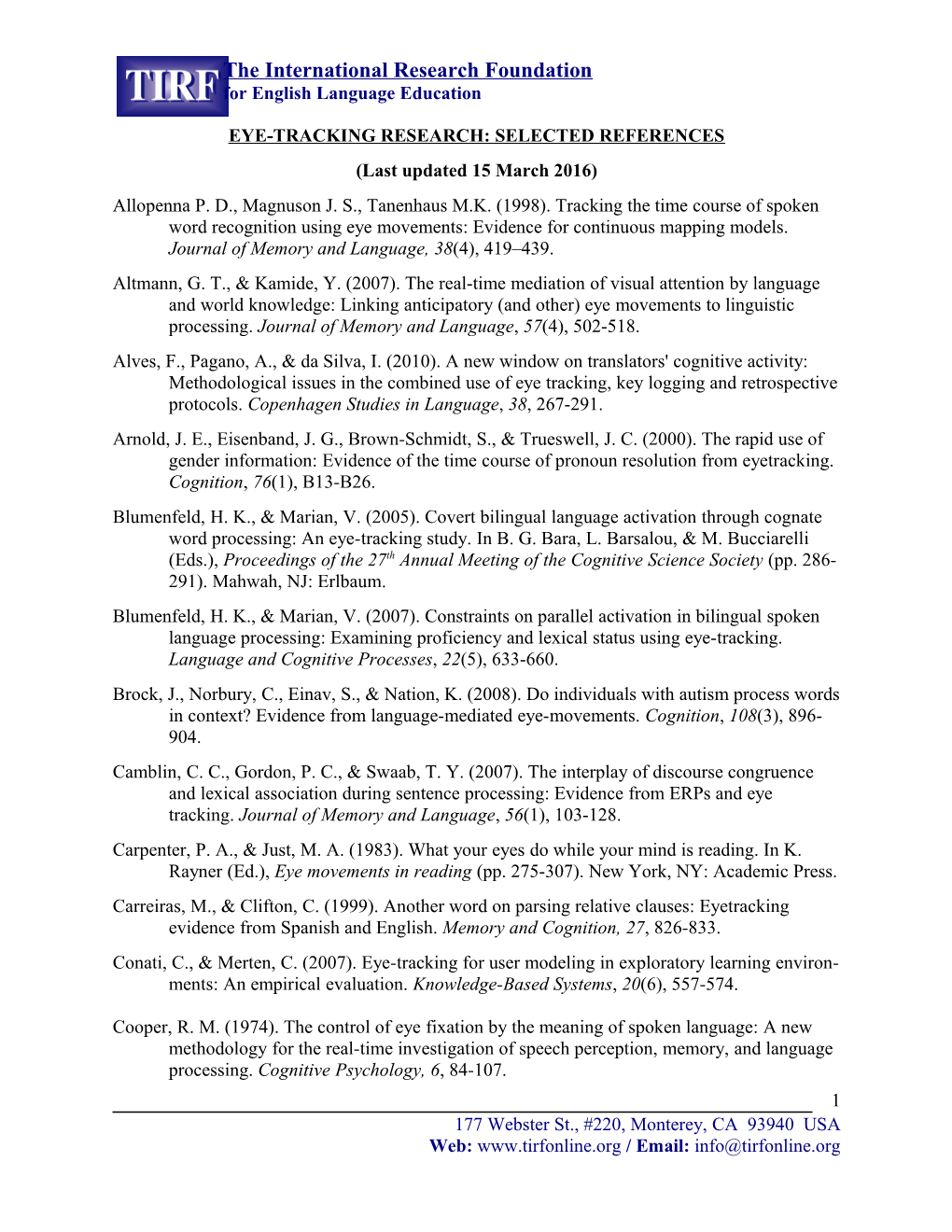 Eye-Tracking Research: Selected References