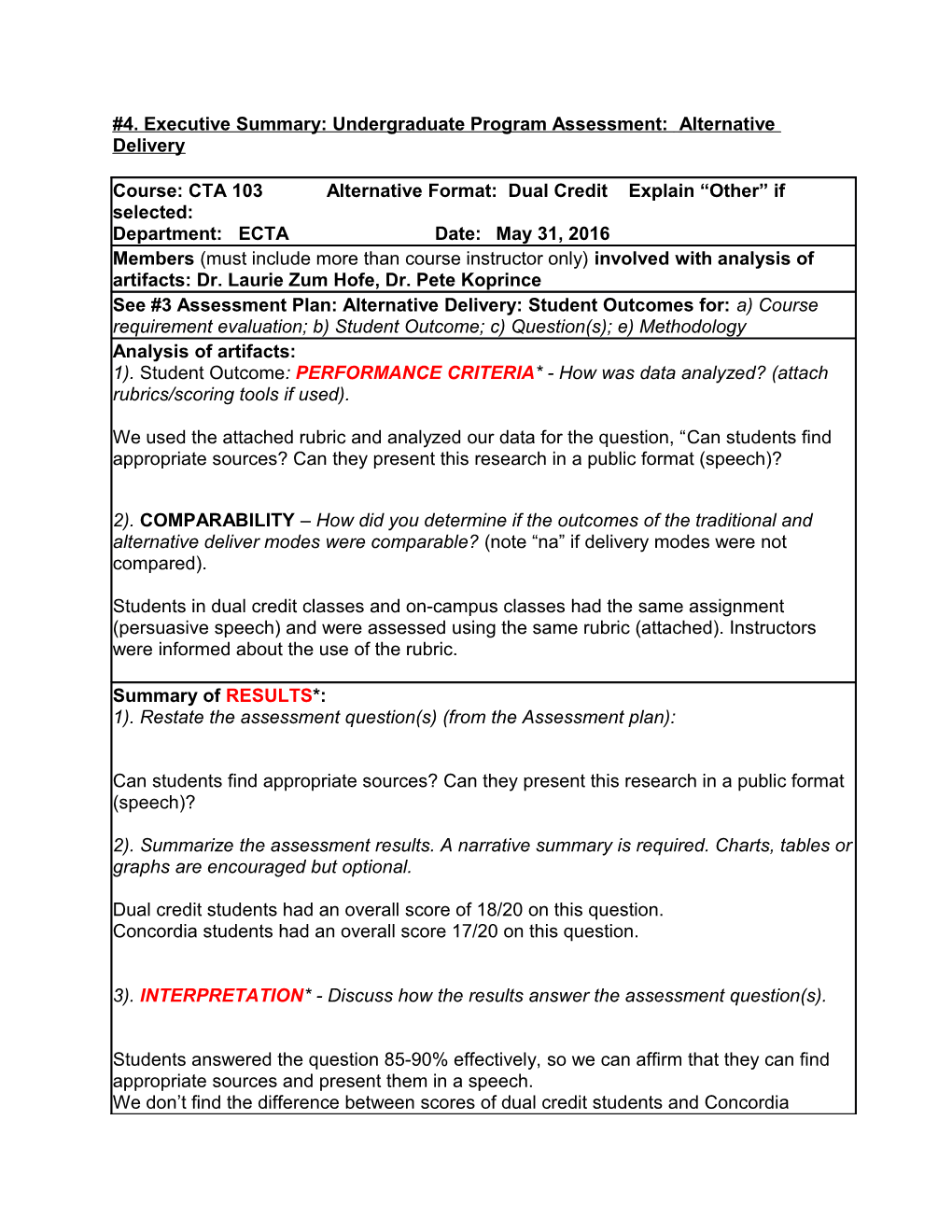 4. Executive Summary: Undergraduate Program Assessment: Alternative Delivery