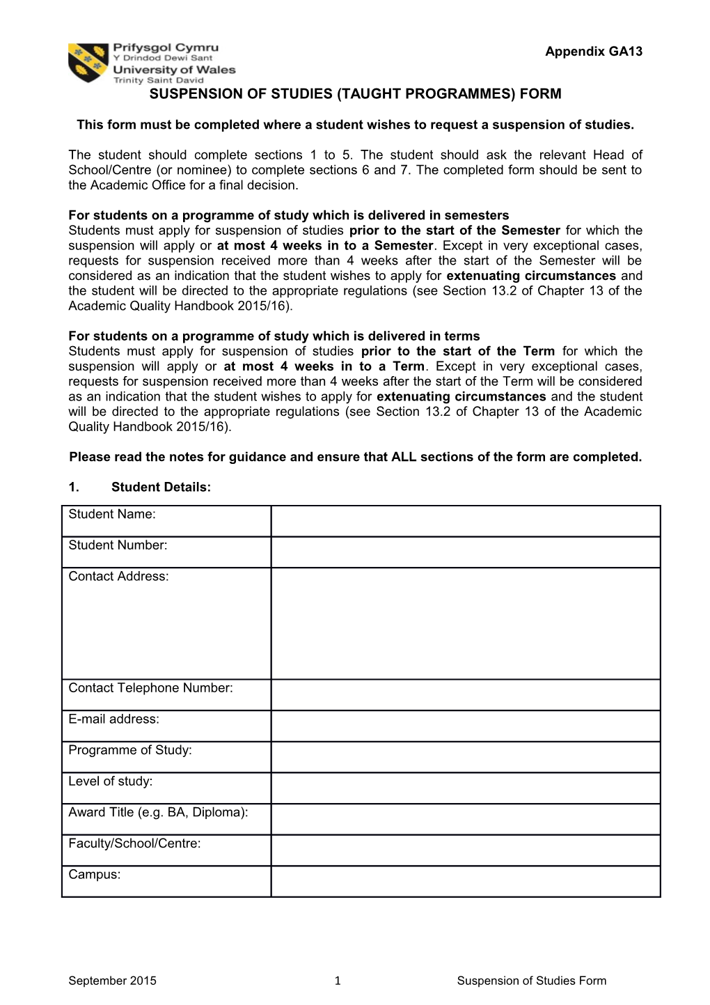 Suspension of Studies (Taught Programmes) Form