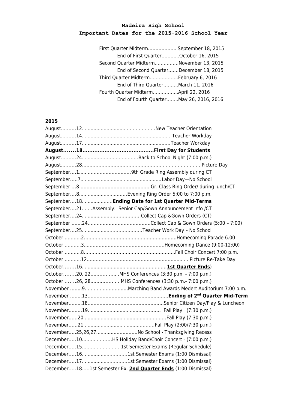 Important Dates for the 2015-2016 School Year