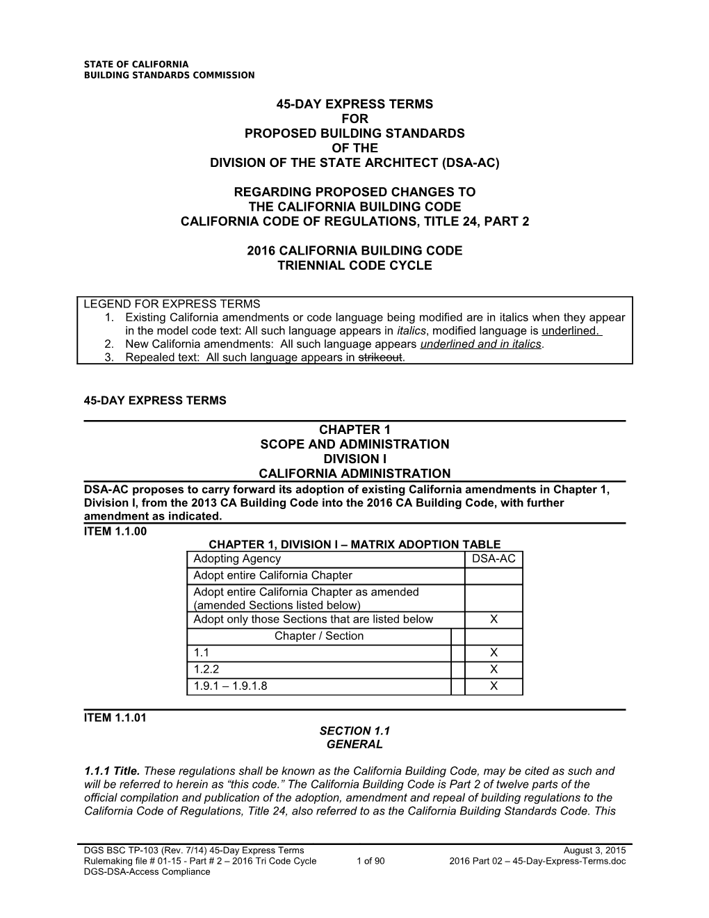 Part 2 - 45-Day Express Terms (DSA-AC), Proposed Changes to California Building Code, CCR