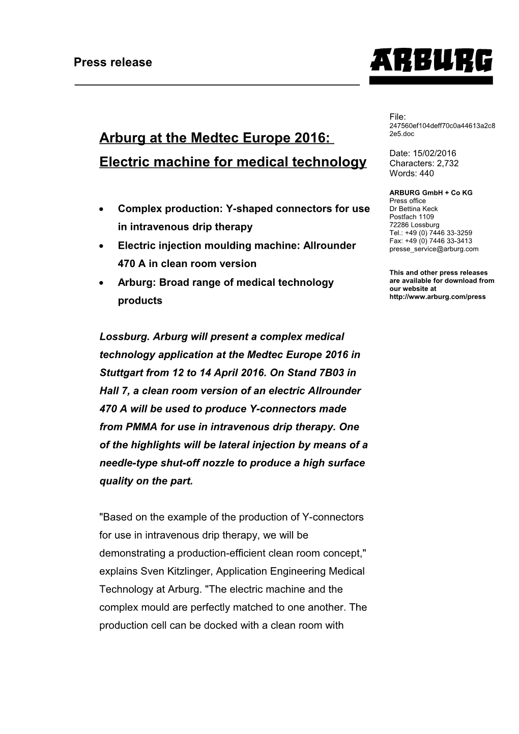 Arburg at the Medtec Europe 2016: Electric Machine for Medical Technology