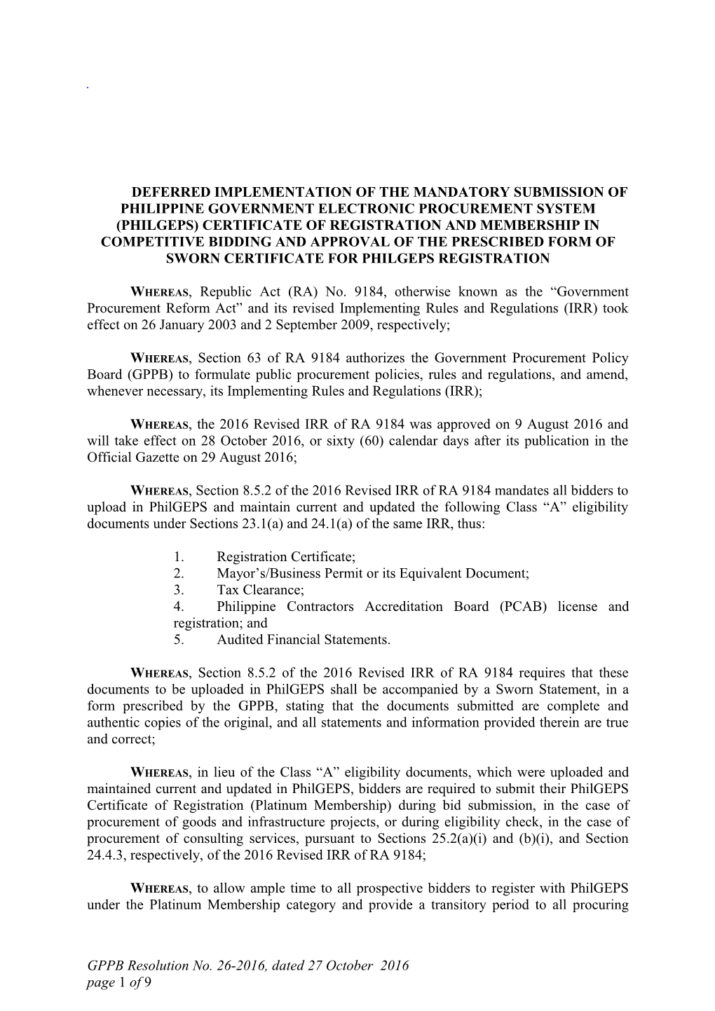 Deferred Implementation of the Mandatory Submission of Philippine Government Electronic