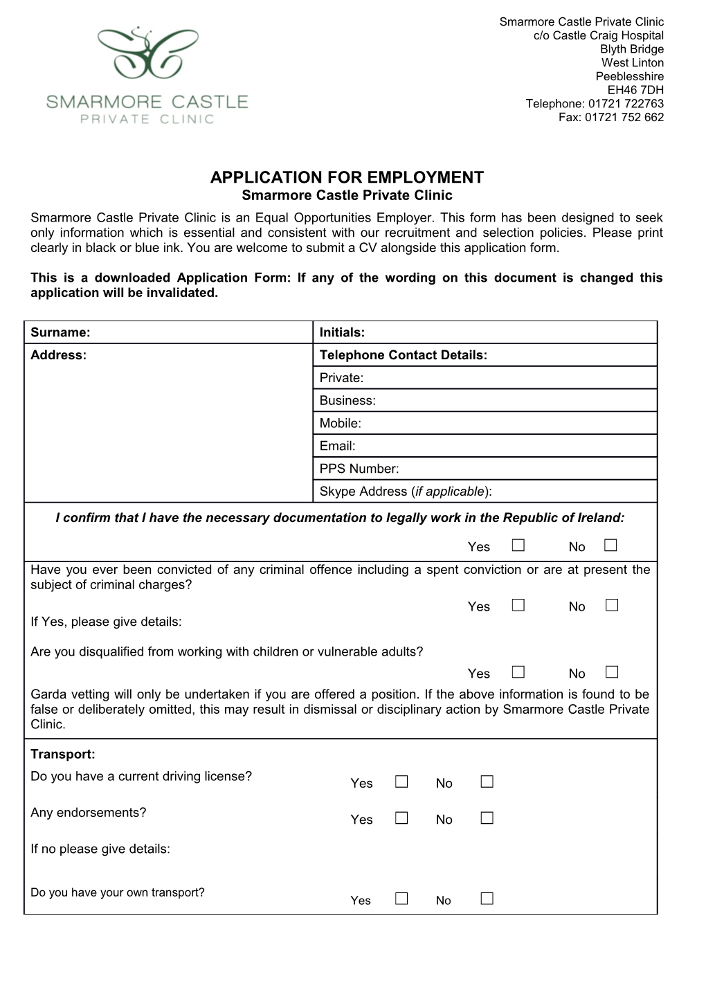 Castle Craig Application Form