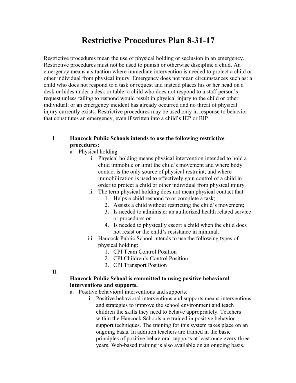 Restrictive Procedures Plan