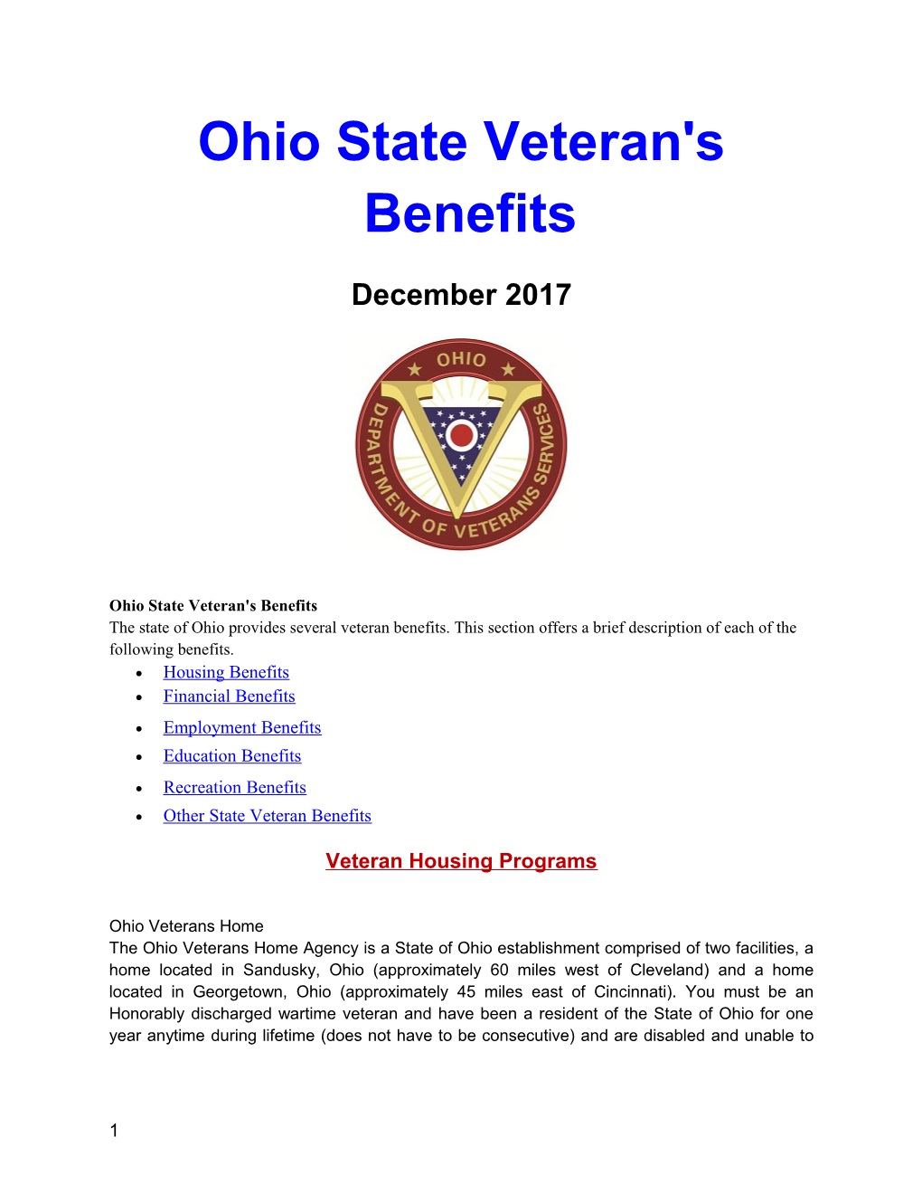 Ohio State Veteran's Benefits