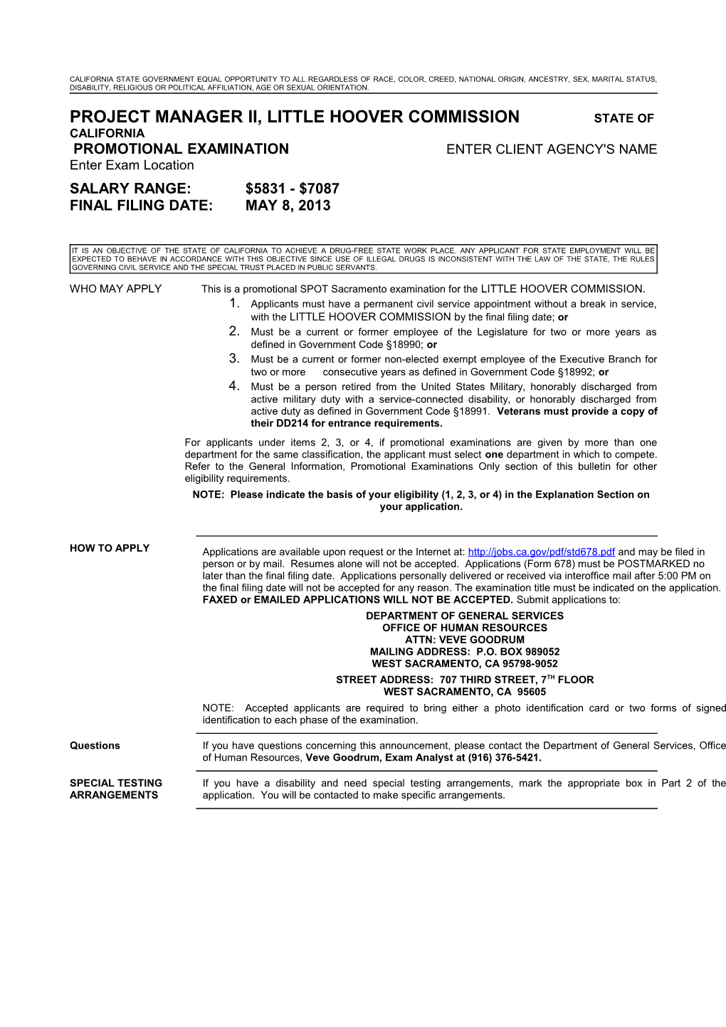 Project Manager Ii, Little Hoover Commission State of California
