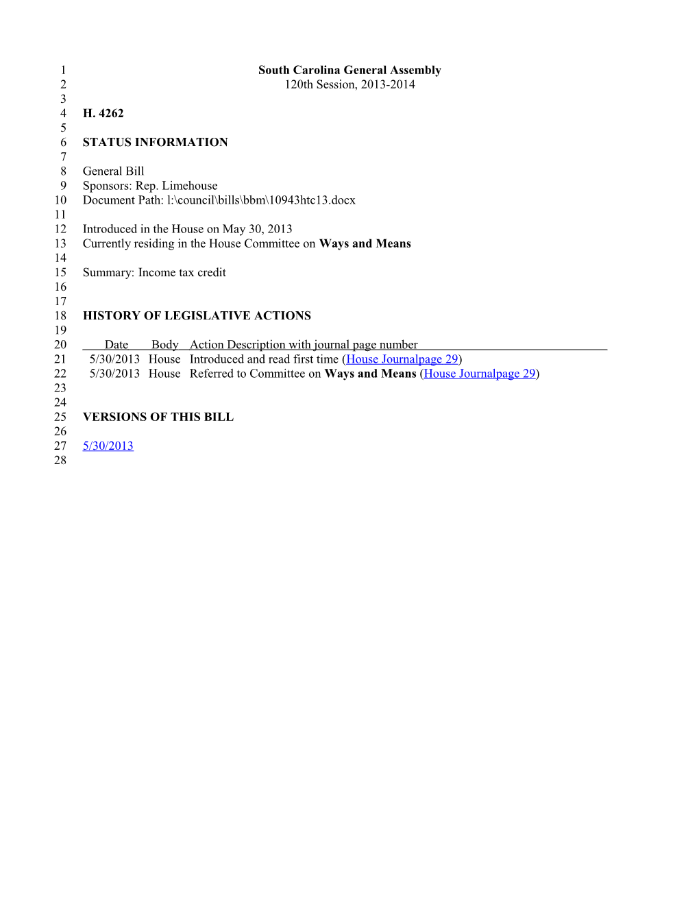 2013-2014 Bill 4262: Income Tax Credit - South Carolina Legislature Online