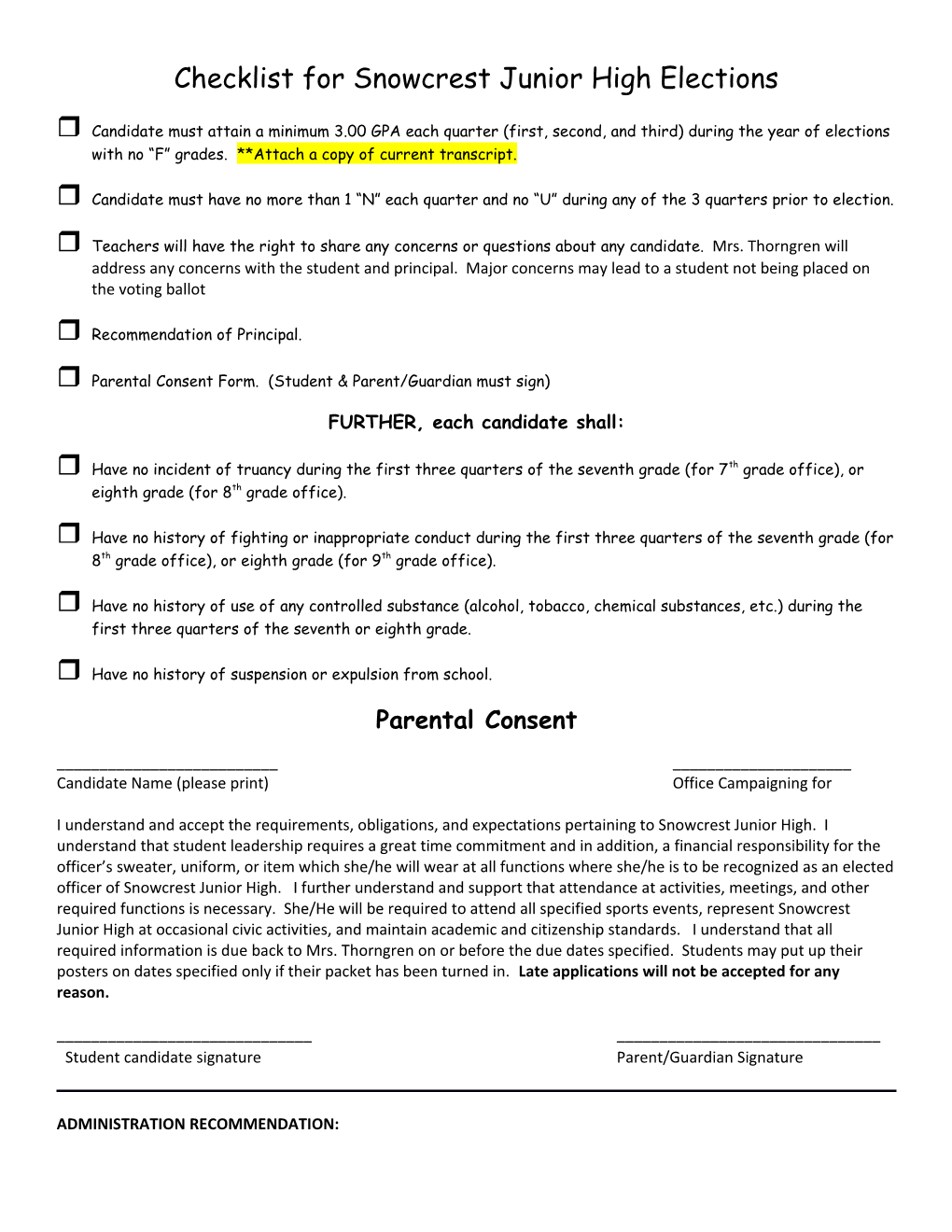 Checklist for Snowcrest Junior High Elections