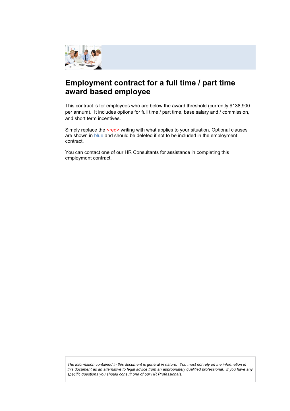 Employment Contract for a Full Time / Part Time Award Based Employee