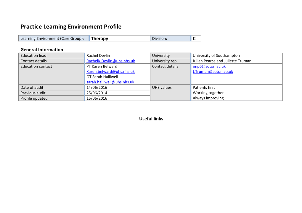 Practice Learning Environment Profile - Therapy