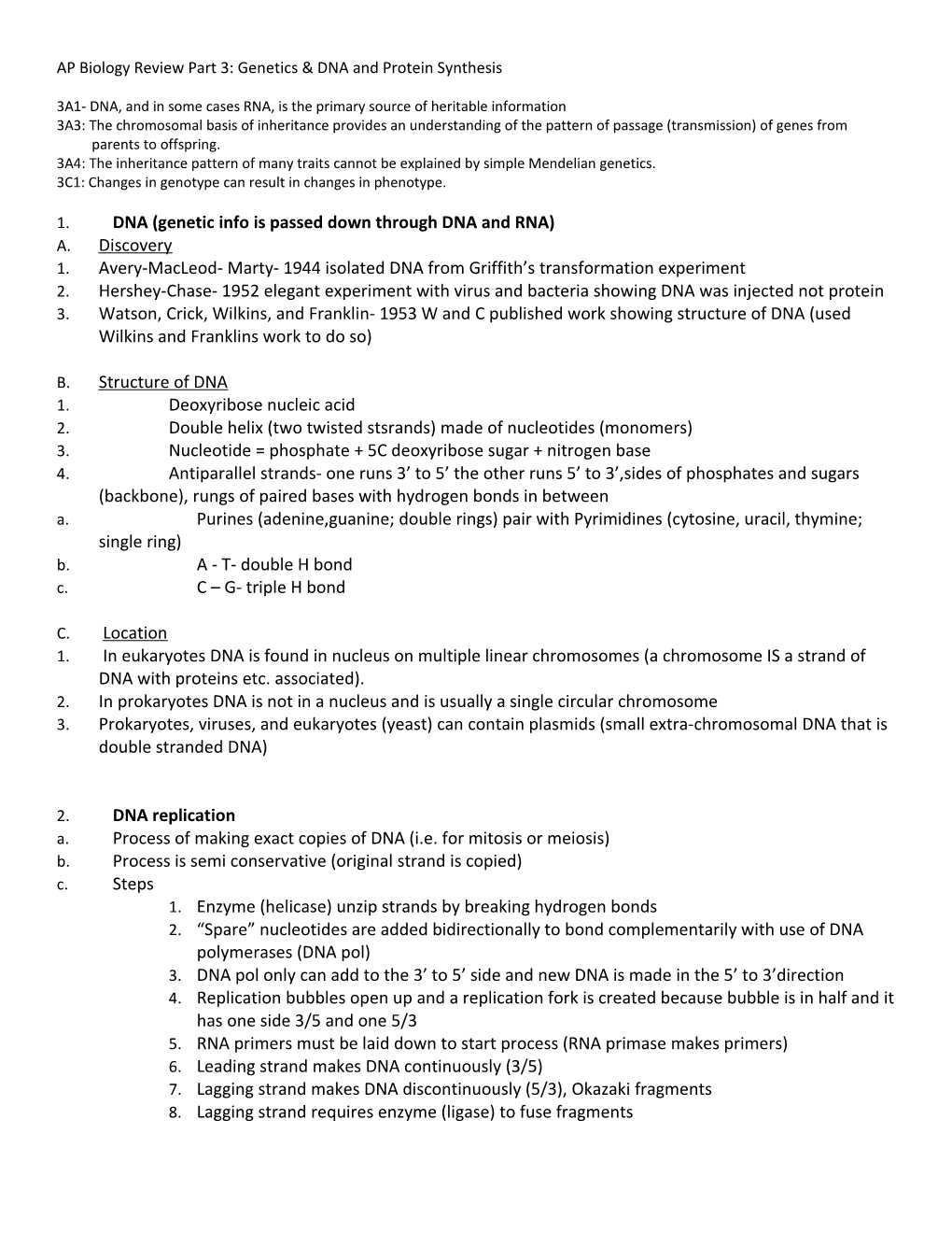 AP Biology Review Part 3: Genetics & DNA and Protein Synthesis