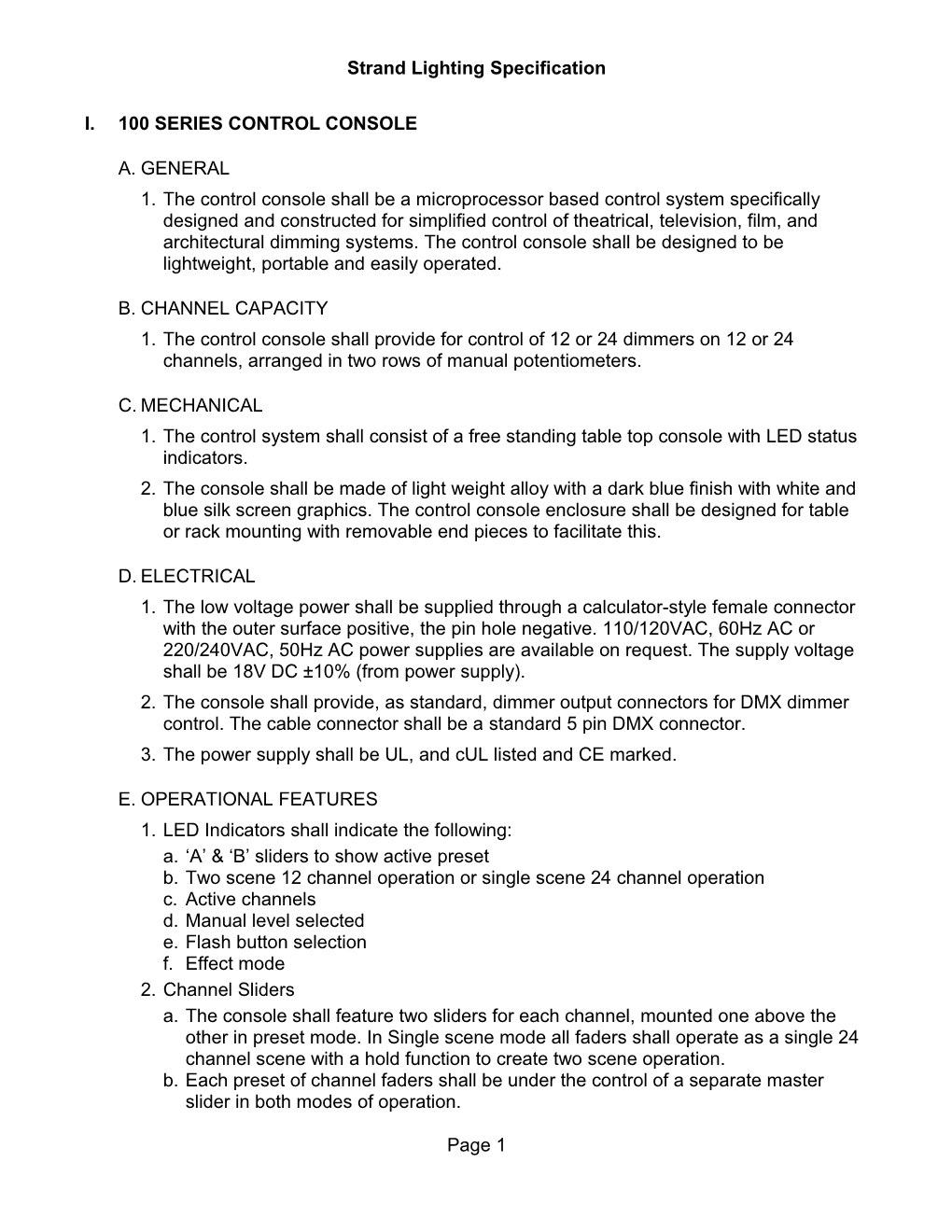 Strand Lighting Specification