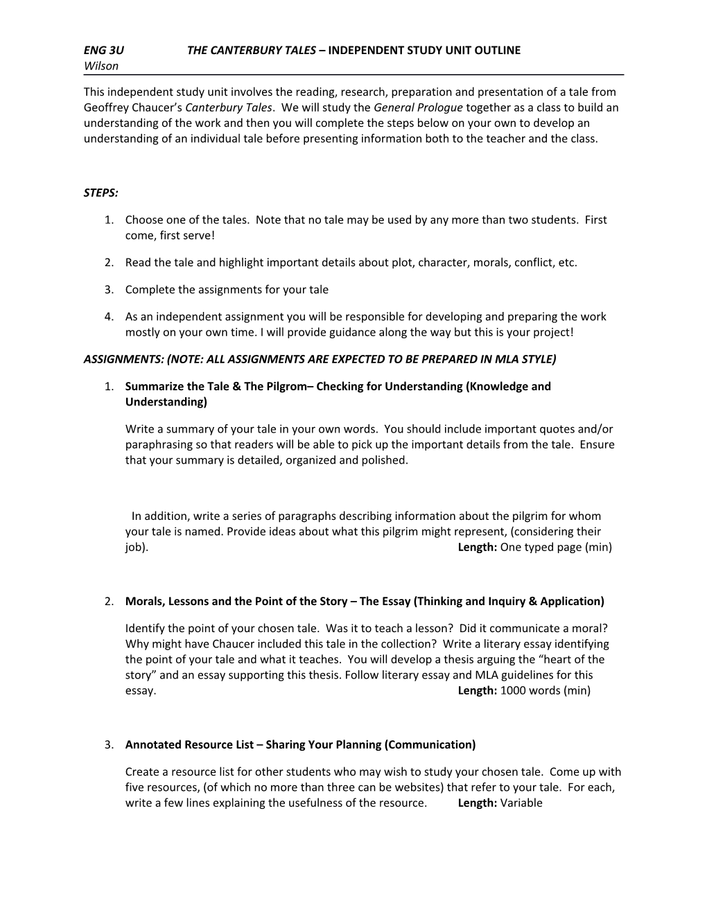 Eng 3Uthe Canterbury Tales Independent Study Unit Outline