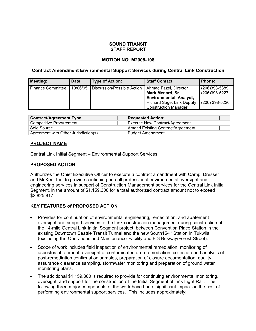Contract Amendment Environmental Support Services During Central Link Construction