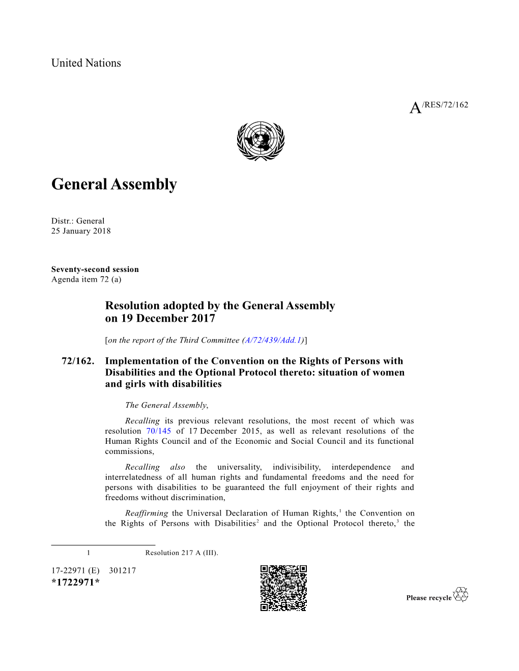 Resolution Adopted by the General Assembly On19december 2017