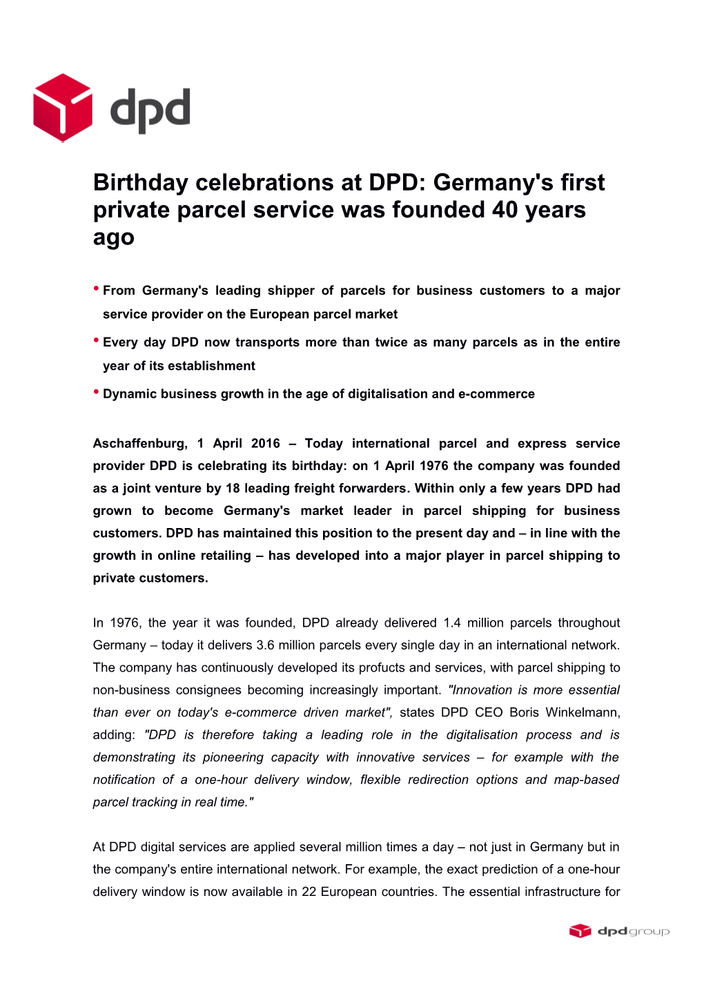 Birthday Celebrations at DPD: Germany's First Private Parcel Service Was Founded 40 Years Ago