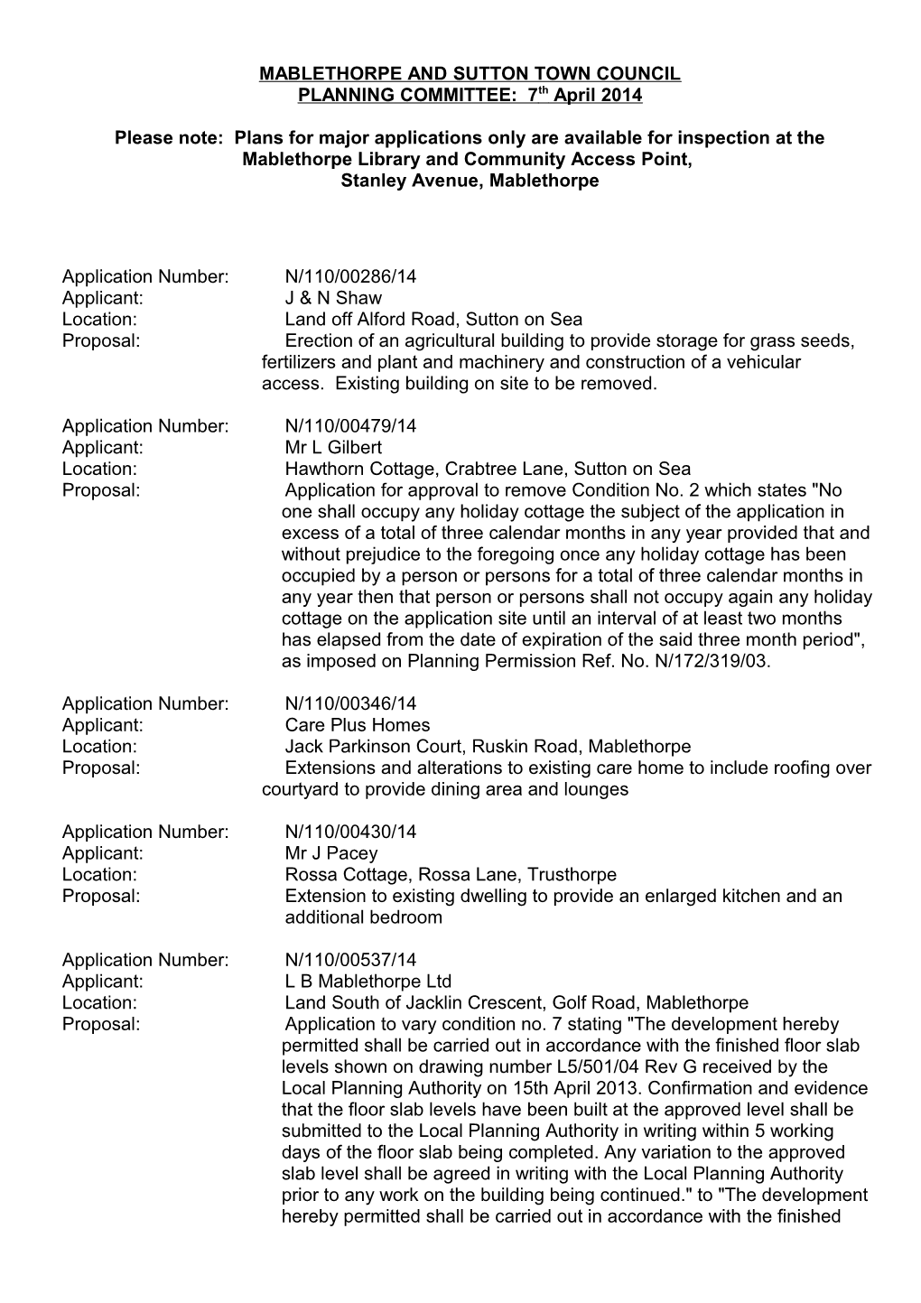 Mablethorpe and Sutton Town Council General Purposes Committee: Tuesday 30Th May 2000