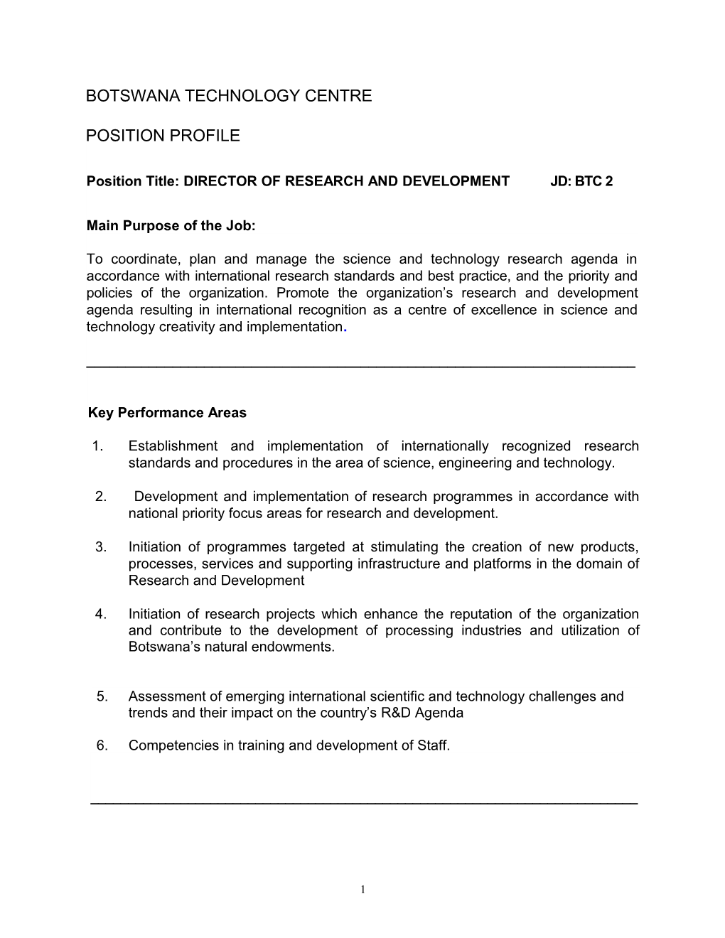 National Food Technology Research Centre Position Profile