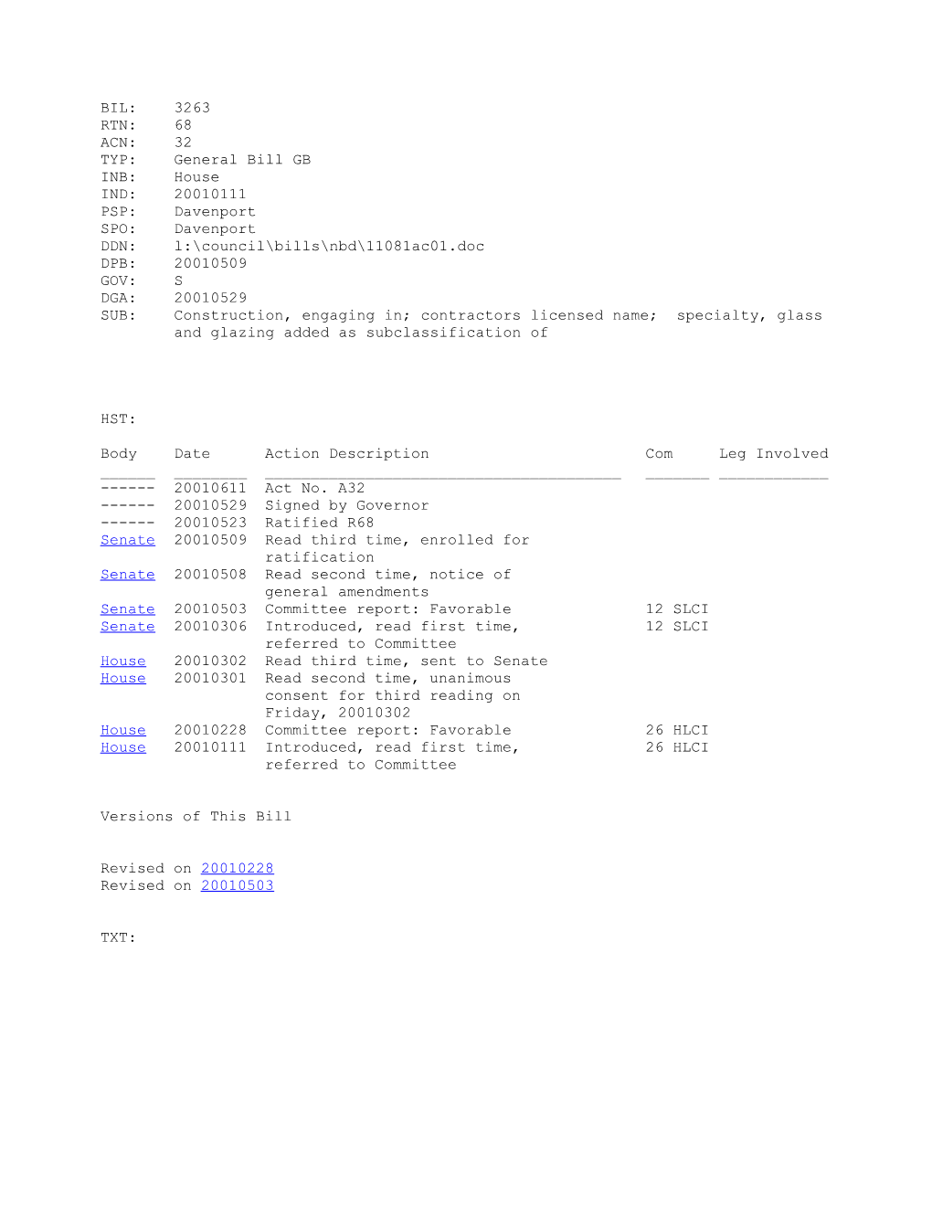 2001-2002 Bill 3263: Construction, Engaging In; Contractors Licensed Name; Specialty, Glass