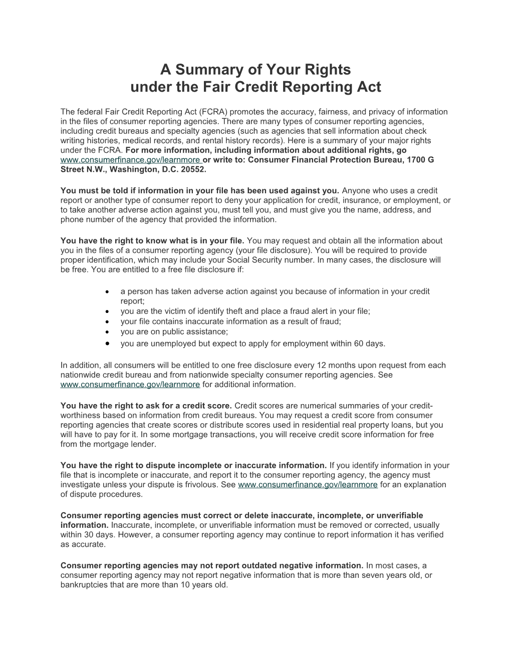 A Summary of Your Rights Under the Fair Credit Reporting Act
